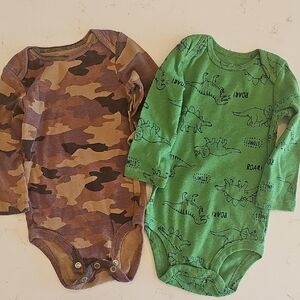 Carter's Green and Camouflage Dinosaur Bodysuits Long Sleeve